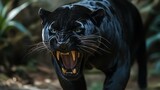 A black panther snarling at the camera.