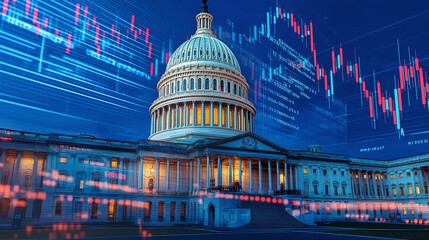 The Capitol Building with digital stock market graphics overlay.