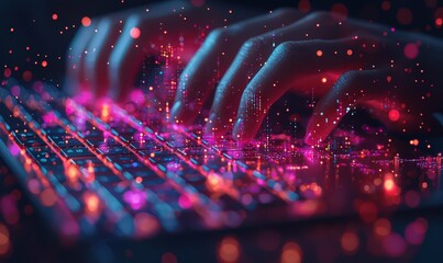 Close-up of hands typing on a laptop keyboard, with data and code glowing in the background. This futuristic digital concept evokes themes of AI technology, cyber security, or coding. 