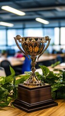 Poster - A trophy displayed on a wooden base, surrounded by greenery in a modern office setting.