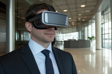 Poster - A businessman wearing virtual reality goggles in a modern office setting.