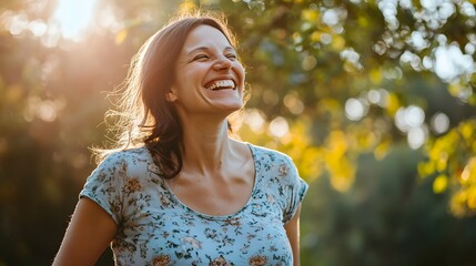 Middle age pregnant woman expecting baby at aged pregnancy looking away to side with smile on face, natural expression. Laughing confident. 