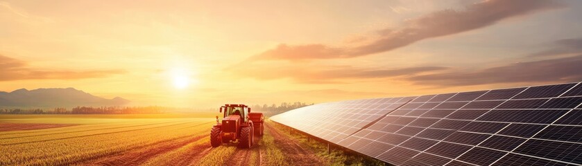 A picturesque sunset over a field, with a tractor working alongside a row of solar panels, symbolizing sustainable agriculture.