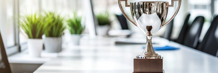 Canvas Print - A trophy on a table surrounded by plants, symbolizing achievement and success.