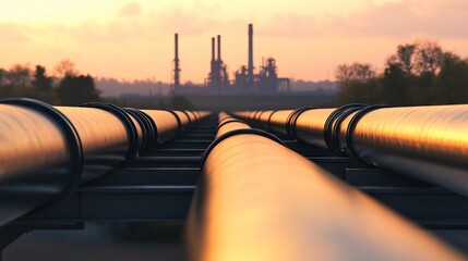 Industrial pipeline system stretching towards refinery at sunset