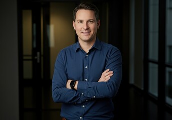 Man with crossed arms in a blue shirt in an office environment.