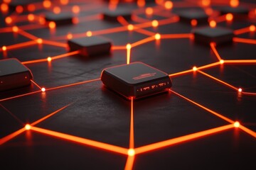 Sticker - A network of devices connected by glowing red lines, symbolizing technology and connectivity.