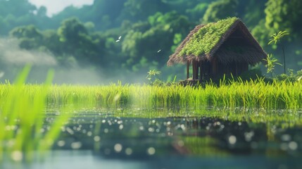 A peaceful scene of a small hut resting in the middle of a jasmine rice field, surrounded by vibrant green rice plants swaying in the gentle breeze.