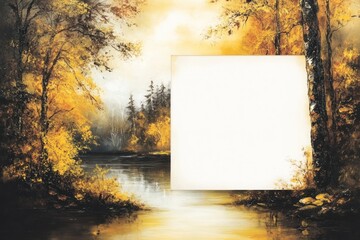 Wall Mural - A serene autumn landscape with a river and vibrant trees, featuring a blank space for text.