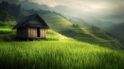 Canvas Print - A peaceful scene unfolds in the middle of a fragrant jasmine rice field, with a cozy wooden hut providing shelter among the green rice plants