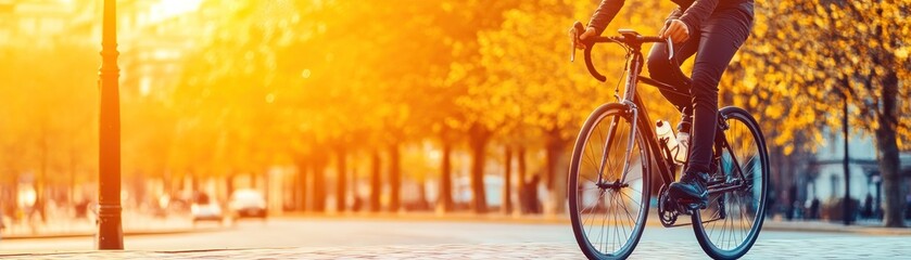 Sticker - A cyclist rides through a sunlit urban street lined with trees in autumn.