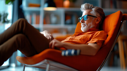 Relaxed persona reclines leisurely on vibrant tangerine lounger in ambient surroundings creating vivid web banner concept