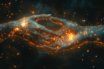 A close-up of two hands reaching towards each other, with sparks linking them, symbolizing connection, energy, and technology. Ideal for tech events or AI themes.