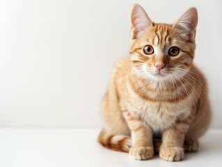 A cute orange tabby cat sitting on a white surface, looking directly at the camera with a curious expression.