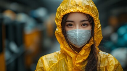 Wall Mural - A woman in a yellow raincoat with a mask on her face. She looks sad and is looking at the camera