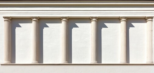 Minimalist Greek temple facade with six Doric columns, clean lines, and a white backdrop, highlighting classical architecture and symmetry