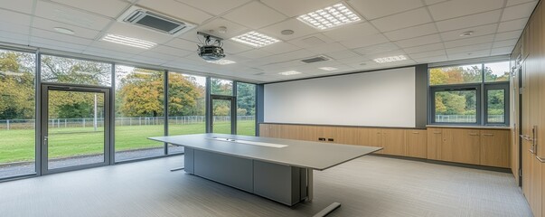 Poster - Modern conference room with large table and windows overlooking greenery.