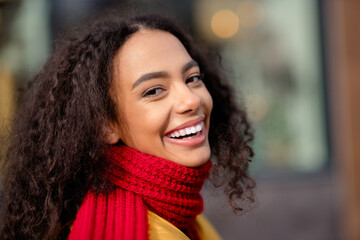 Canvas Print - Close up photo of cheerful nice girl wear stylish jacket walk downtown weekend autumn day outdoors outside