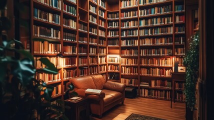 Canvas Print - A beautiful, cozy library with towering bookshelves packed with books, a comfortable reading nook, and soft lighting, perfect for quiet contemplation.