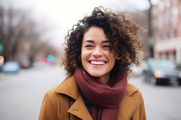 Portrait of a beautiful woman with curly hair smiling in the city