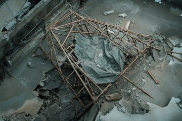 This image shows a unique perspective of a construction site. The structure is partially completed and surrounded by debris. It highlights the raw beauty of industrial spaces. Generative AI