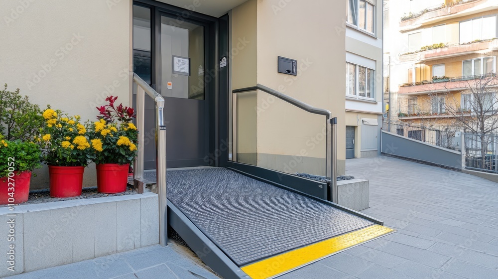 Accessible Entrance with Ramp and Flowers in Sunlight Stock Photo ...
