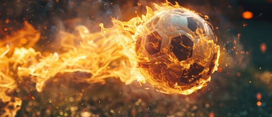 Wall Mural - flaming soccer ball in motion, red and black design, sparks flying. dynamic, energetic scene with in