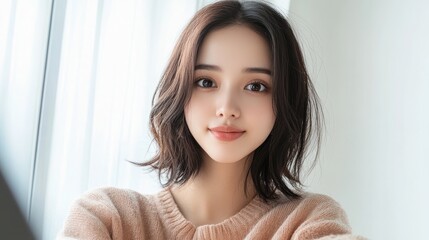 A smiling woman with shoulder-length hair is taking a selfie in a softly lit room with sheer curtains in the background.