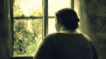 Sad obese woman looks while standing by the window. 