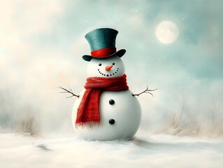 Wall Mural - A jolly snowman adorned with a knitted scarf and a classic top hat stands tall in a serene snowy meadow under the soft illumination of a full moon creating a magical winter wonderland scene