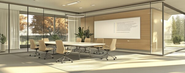 Poster - Modern conference room with a large table, chairs, and glass walls, designed for meetings.