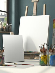 Canvas Print - A creative workspace with blank canvases and paintbrushes, ready for artistic expression.