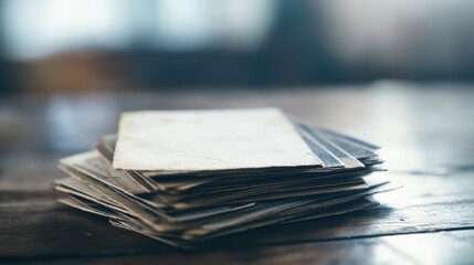 Contemplative scene of a corporate breakup. Featuring a stack of old business cards on a table. Showcasing the memories of past connections. Ideal for networking articles