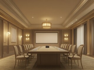 Wall Mural - A sophisticated conference room with a long table and elegant seating, designed for meetings.