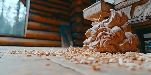 Poster - A close-up of wood shavings and a sculpted wood piece in a rustic cabin setting.