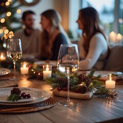 A group of friends in a modern living room, casually interacting and minimal holiday decor, The dining table in the foreground is larger, softly lit, and left completely empty just one wine glass.