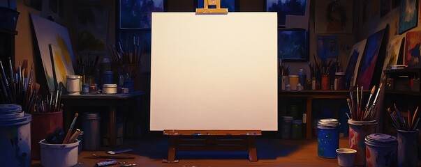 Poster - A blank canvas on an easel surrounded by art supplies, ready for creativity.