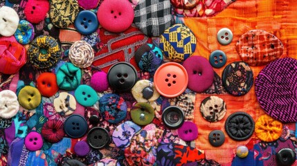 An artistic arrangement of various fabric buttons in different shapes and sizes, placed on a vibrant textile background, capturing the essence of creativity in sewing and design.