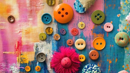 An artistic arrangement of various fabric buttons in different shapes and sizes, placed on a vibrant textile background, capturing the essence of creativity in sewing and design.