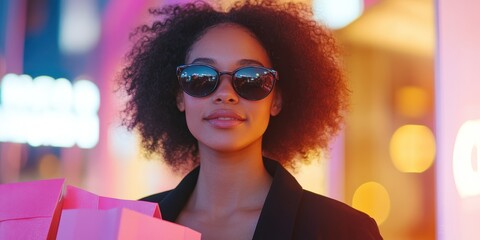 Confident woman in sunglasses holding shopping bags, vibrant city background.