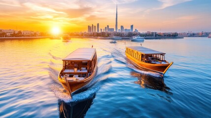 Scenic sunset view of two traditional boats cruising on serene waters, with a vibrant city skyline in the background.