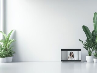 Poster - A minimalist workspace featuring a laptop and potted plants against a blank wall.