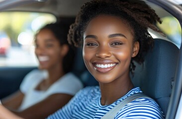 Smiling young African American woman sitting in a car's passenger seat, enjoying a joyful outing with a friend on a sunny day, embracing happiness and friendship.