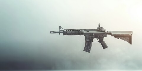 Modern rifle displayed on a misty background, emphasizing tactical design.