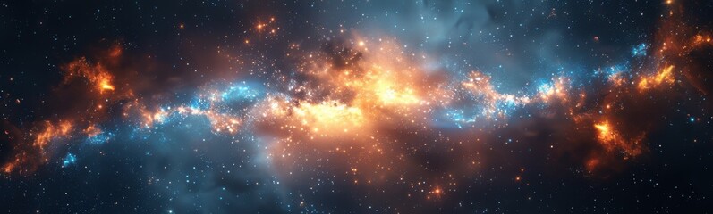 Wall Mural - Starry sky with a bright orange and blue galaxy, banner