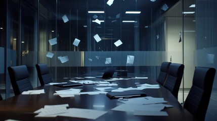 Corporate breakup captured in an empty boardroom. Featuring scattered papers and overturned chairs. Capturing the tension of corporate dissolution. Ideal for business articles and presentations