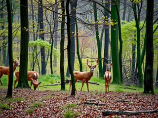 Wall Mural - A herd of deer are walking through a lush green forest, surrounded by tall trees and fallen leaves. The scene is calm and tranquil, with the deer moving gracefully through the woods