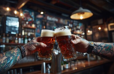 Cheers in a lively pub as tattooed individuals toast frothy beer glasses in a vibrant atmosphere with warm lighting and rustic decor