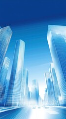 Poster - A futuristic cityscape with tall glass skyscrapers under a blue sky.