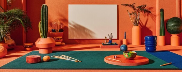 Wall Mural - A vibrant, abstract setup featuring colorful objects and plants against an orange backdrop.